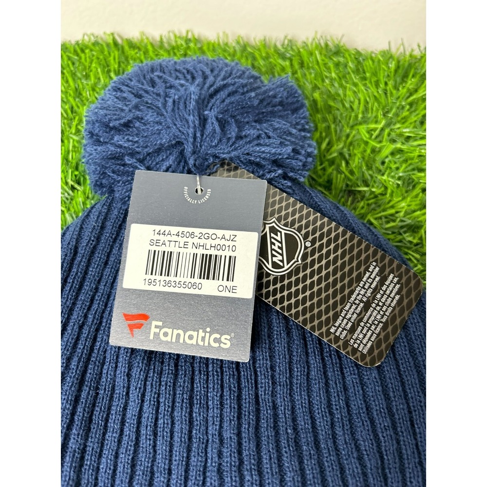 New Fanatics Seattle Kraken NHL Blue Logo Game Cuffed Pom Knit Beanie Hat - Picture 3 of 5